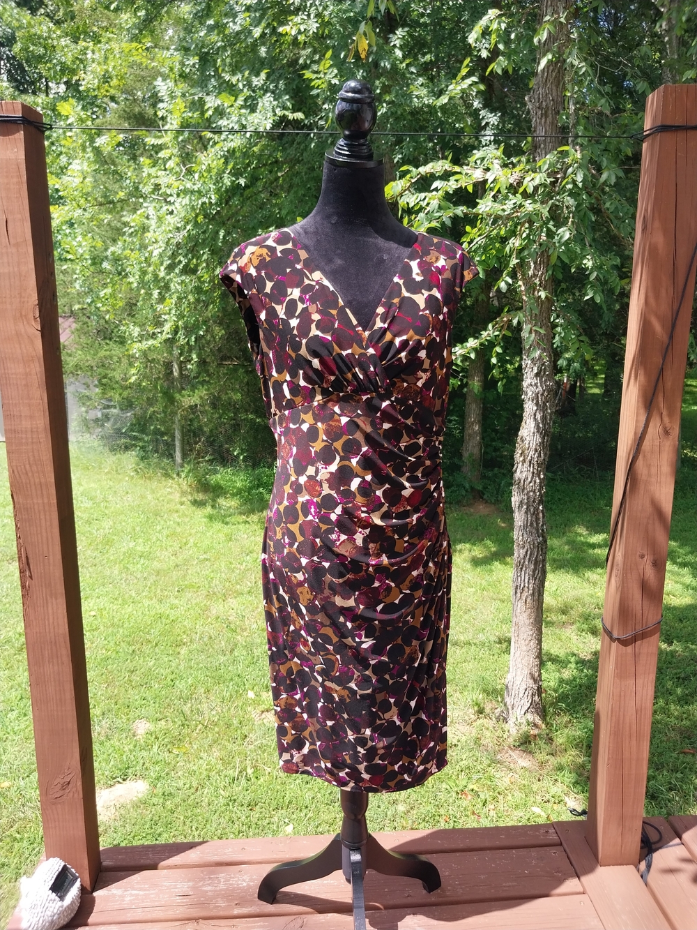 Lauren Ralph Lauren Black Midi Dress with Burgundy & Tan Abstract Print